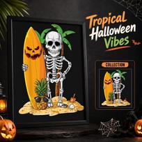 Halloween Skeleton Surfboard Poster Beach Scene Palm Tree Pineapple Sunglasses Sand Holiday Wall Art Decoration for Seasonal Display One Size