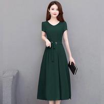 Plus Size Women Short Sleeve Belted Knee Length A Line Dress L žalia