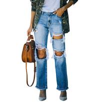 Women's High Waist Distressed Denim Jeans Classic Fit Straight Leg Ripped Casual Pants with Frayed Holes and Button Closure L