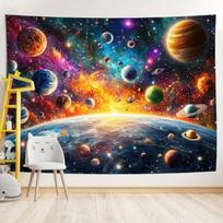 Cosmic Galaxy Tapestry,Vibrant Print with Colorful Planets, Nebula & Earth View from Space,Wall Hanging for Bedroom,Sci-Fi Decor 70x100CM orange