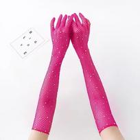 New Mesh Long Mittens Glitter Rhinestone Cosplay Fishnet Gloves Punk Hip Hop Photography Prop Performance Gloves Gift rožinė raudona spalva