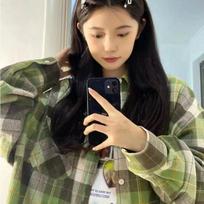 Ladies' Green Plaid Thin Shirt Summer Autumn Casual Turn Down Collar Clothes Long Sleeves Versatile Couple Loose Top M žalia