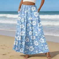 Women's Casual High Waist Drawstring A-line Skirt Color Skirt With Pockets L mėlyna