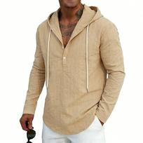 Mens Casual Loose Vertical Stripe Hooded Long Sleeve Linen Henley Shirt S