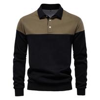 Men Casual Color Block Long Sleeve Polo Collar Loose Pullover Sweatshirt S