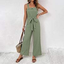 Womens Sweet Fresh Solid Color Backless Spaghetti Strap Wide Leg Jumpsuit S