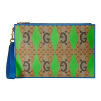 Gucci Diamond printed detachable wrist strap canvas patchwork handbag men's ebony/green