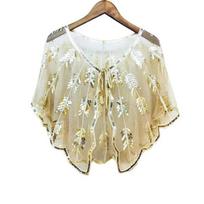 Retro 1920-ųjų karoliukais ir blizgučiais austa skara, vintage flaper stiliaus vakarinis apsiaustas, permatomas tinklinis siuvinėjimas lapeliais, moteriškas bolero, vakarėlio aksesuarai ADM One Size auksas