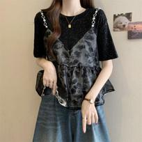 Summer French and Western Style Fake Two Short Sleeved T-shirts for Women's Unique Tops L