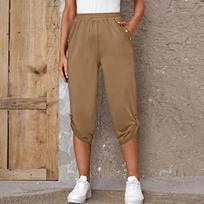 Women's Elastic Waist Crop Sweatpants Loose Fit Casual Summer Capris with Pockets Roll-Up Bottoms S-3XL S chaki