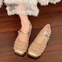French Glitter Bling Mid Heel Pumps Women's Fashion Slip-on Footwear Comfortable Office Ladies Mary Janes Buckle Strap Casual 35