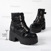 Women's Platform Goth Fashion Mid Calf Boots Punk Motorcycle Chunky High Heeled Shoes Women Leather Black Bat Buckle Ankle Botas 35