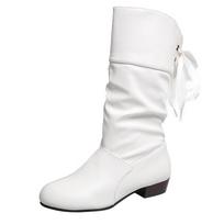 Size 35-43 Women's Back Lace-up Mid-Calf Boots PU Leather Fashion Round Toe Mid Heel Boots Bottes Femmes Women Shoes Autumn 35
