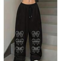 White bow print sweatpants with drawstring elastic waistband American casual trend women's straight pants S