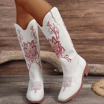 Women's Cowboy Boots Mid Calf Cowgirl Boots Embroidered Western Chunky Heel Pull On Knee High Boots Women's Faux Leather Boots Slip On Casual Boots 36