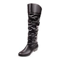 Large size autumn and winter new mid-heeled knight boots European and American solid color pleated high leather boots 35