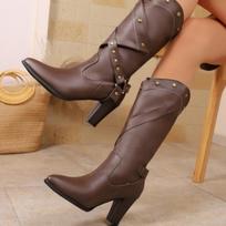 Mid Calf High Heels Women's Boots Pointed Toe Leather Shoes Winter Sexy Party Pumps 2025 Buckle Chelsea Boots Mujer Snow Botas 35