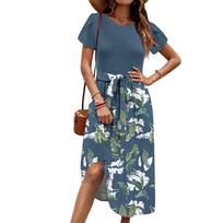 Women's Short Sleeve Floral Print Midi Dress with Belt, Elegant Crew Neck Casual Summer Dress with Pockets, Red XL