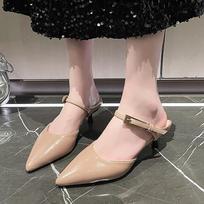 Fashion Baotou Mid-heel Shoes Summer New Pointed Head Shallow Mouth Metal Buckle Set Foot Anti-slip Wear-resistant Slippers 35
