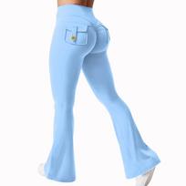 High Waist Flare Leg Pants for Women Stretch Fitness Trousers with Back Pocket and Ruched S