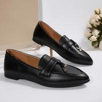 New Lefu Shoes Women's Soft Leather Retro Lazy Man Step on Thick Sole Flat Bottom Comfortable Single Shoe 36 juoda