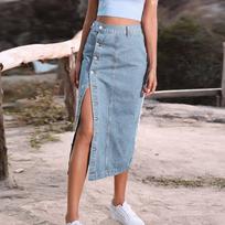 Women's High Waist Button Front Denim Midi Skirt Casual Jean Skirt for Everyday Wear, Blue, Sizes S-XL XS
