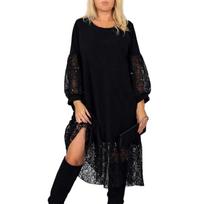 Women’s Long Sleeve Lace Patchwork Midi Dress with Sheer Mesh Detail and Asymmetrical Hem for Casual or Formal Wear L