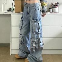 Ladies Cargo Jeans American Street Style Baggy Cargo Pants Women Blue Multi-pocket Wide Leg Jeans for Women S
