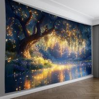 Glowing Tree Tapestry, Fireflies over River at Night, Magical Forest Landscape Wall Hanging for Bedroom Living Room Home Decor 70x100cm28x39in