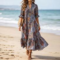 Bohemian Style V Neck Printed Short Sleeve Midi Dress with Ruffle Hem Lightweight Casual Loose Fit Summer Dress for Women L
