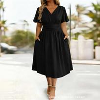 Women V Neck Short Sleeve Waist Pleated Flare Sleeve Midi Dress Solid Color Casual Fit for Daily Office Party Wear S juoda