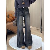 Women's Vintage Washed High Waist Flare Jeans Contrast Stitch Wide Leg Baggy Denim Pants Streetwear Trousers M juoda