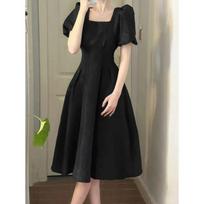 Women's Square Neck Puff Sleeve A-Line Midi Dress High Waist Casual Elegant Dress S