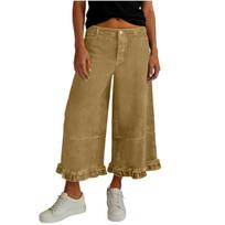 Womens Wide Leg Jeans Mid Rise Cropped Baggy Denim Pants Loose Fit Ruffle Hem Trouser Style Casual Denim Bottoms L
