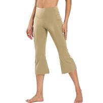 Women’s High Waist Cropped Flare Yoga Pants Stretch Fabric Wide Leg Athletic Workout Capri Trousers L smėlis