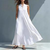 Women's Sleeveless Casual Midi Dress Relaxed Fit Flowy Tank Dress with Button Front and Side Pockets for Daily Wear M