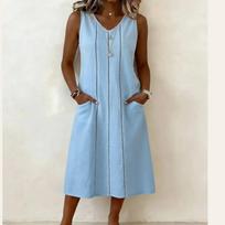 Sleeveless Linen Midi Dress with V Neck and Pockets Loose Fit Casual Summer Dress for Women Lightweight Fabric XL