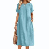 Women’s Summer Casual Loose Fit Short Sleeve Midi Dress with Pockets Lightweight Breathable Fabric Simple Solid Design for Daily Wear XL