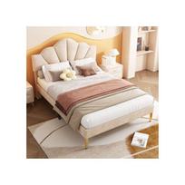 Lit rembourré - 140x190 cm - Tête de lit réglable - Velours beige - Sommier à lattes en bois smėlis