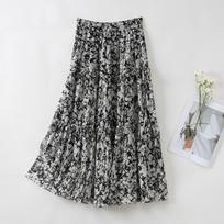 TUHUANG 100% Silk Vintage Floral A-Line Midi Skirt S