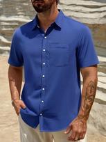 Men Solid Color Lapel Pocket Casual Short Sleeve Shirt S