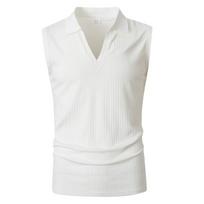 Men Sleeveless Vertical Stripe Polo V Neck Casual Vest Top S