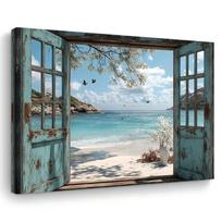 2D Printed Beach Window Backdrop Distressed Teal Door & Tropical Ocean Background Cloth 47.2x31.5inch/120*80cm
