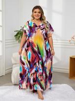 EDOLYNSA Bohemiškos spalvos chalatas Kaftan moteriškas ilgas sijonas trumpomis rankovėmis Parduodama gaivi suknelė ryškių spalvų poilsio drabužiai paplūdimio apranga Q831 One Size įvairiaspalvis