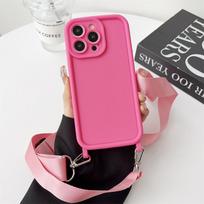 Kūno skersai virvelės karoliai dėklas iPhone 16 14 11 12 13 15 Pro Max XS X XR 8 7 Plus smūgiams atsparus minkštas silikoninis dangtelis For iPhone 16&Case & Strap rožinė raudona spalva