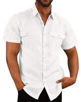 Mens Casual Solid Loose Short Sleeve Linen Shirt Breathable Vacation Daily Shirt S