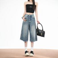Fashion Summer Classic Straight Wide Leg Denim Cropped Capri Pants Trendy Versatile Slimming AllMatch Basic Bottoms XS
