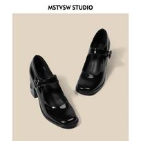 Woman Marie Janes Shoes Women British Style Black Chunky Heel Square Toe Single Shoe New Design Buckle Dress Shoes Elegant Pumps 34