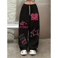 Summer Punk Devil Sweatpants Heart Print Elastic Waist Wide Leg Trousers Quick Drying Women's S