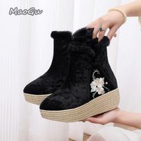 Chinese Ethnic Style Embroidered Flowers Winter Boots Women's Fur Lined Height Increasing Side Zipper Anti-Slip Ankle Booties 34